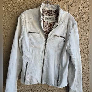 Zini Signature White Leather Moto Jacket Leopard Lining Size L